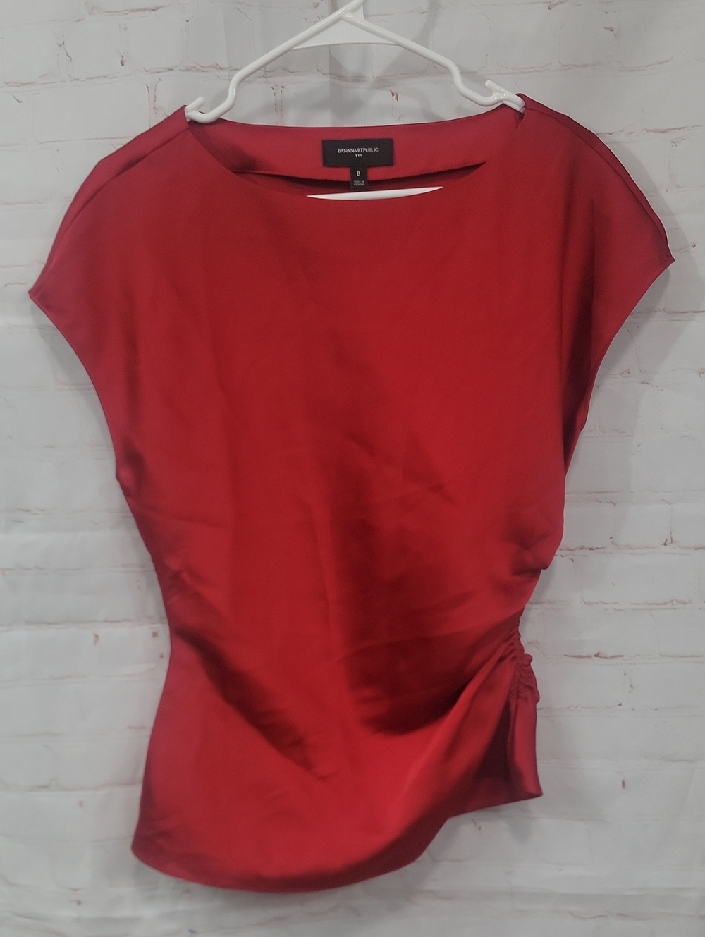 Banana Republic Deep Red Satin Ruched Cap-Sleeve Blouse